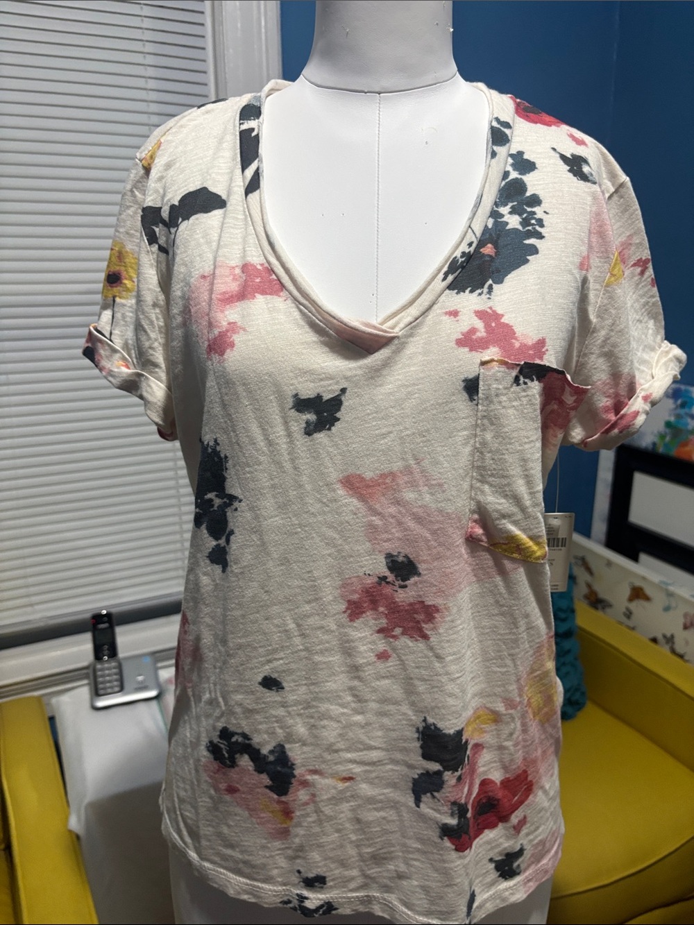 Pilcro Cream V-Neck Short Sleeve Tee with Floral Splash